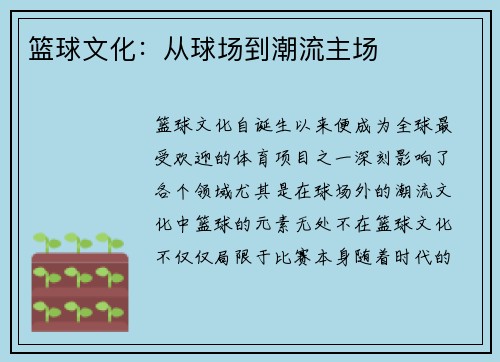篮球文化:从球场到潮流主场 篮球文化:从球场到潮流主场