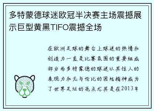 多特蒙德球迷欧冠半决赛主场震撼展示巨型黄黑TIFO震撼全场