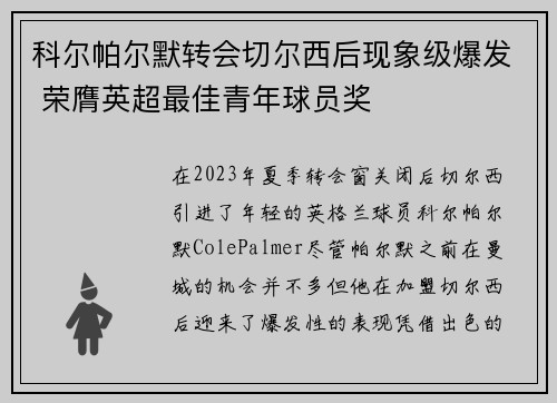 科尔帕尔默转会切尔西后现象级爆发 荣膺英超最佳青年球员奖